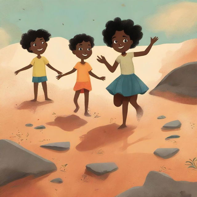 A book cover illustration featuring Black children playing barefoot on rough earth