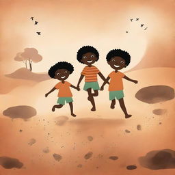 A book cover illustration featuring Black children playing barefoot on rough earth