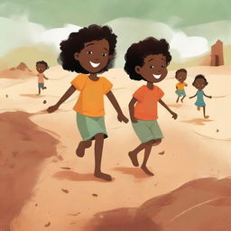 A book cover illustration featuring Black children playing barefoot on rough earth