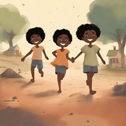 A book cover illustration featuring Black children playing barefoot on rough earth