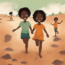 A book cover illustration featuring Black children playing barefoot on rough earth