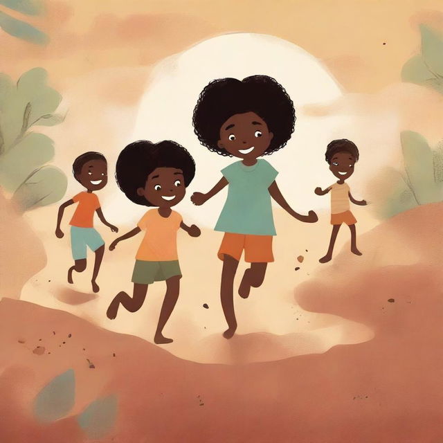 A book cover illustration featuring Black children playing barefoot on rough earth