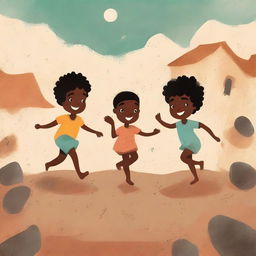 A book cover illustration featuring Black children playing barefoot on rough earth