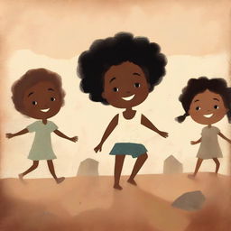 A book cover illustration featuring Black children playing barefoot on rough earth