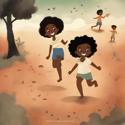 A book cover illustration featuring Black children playing barefoot on rough earth