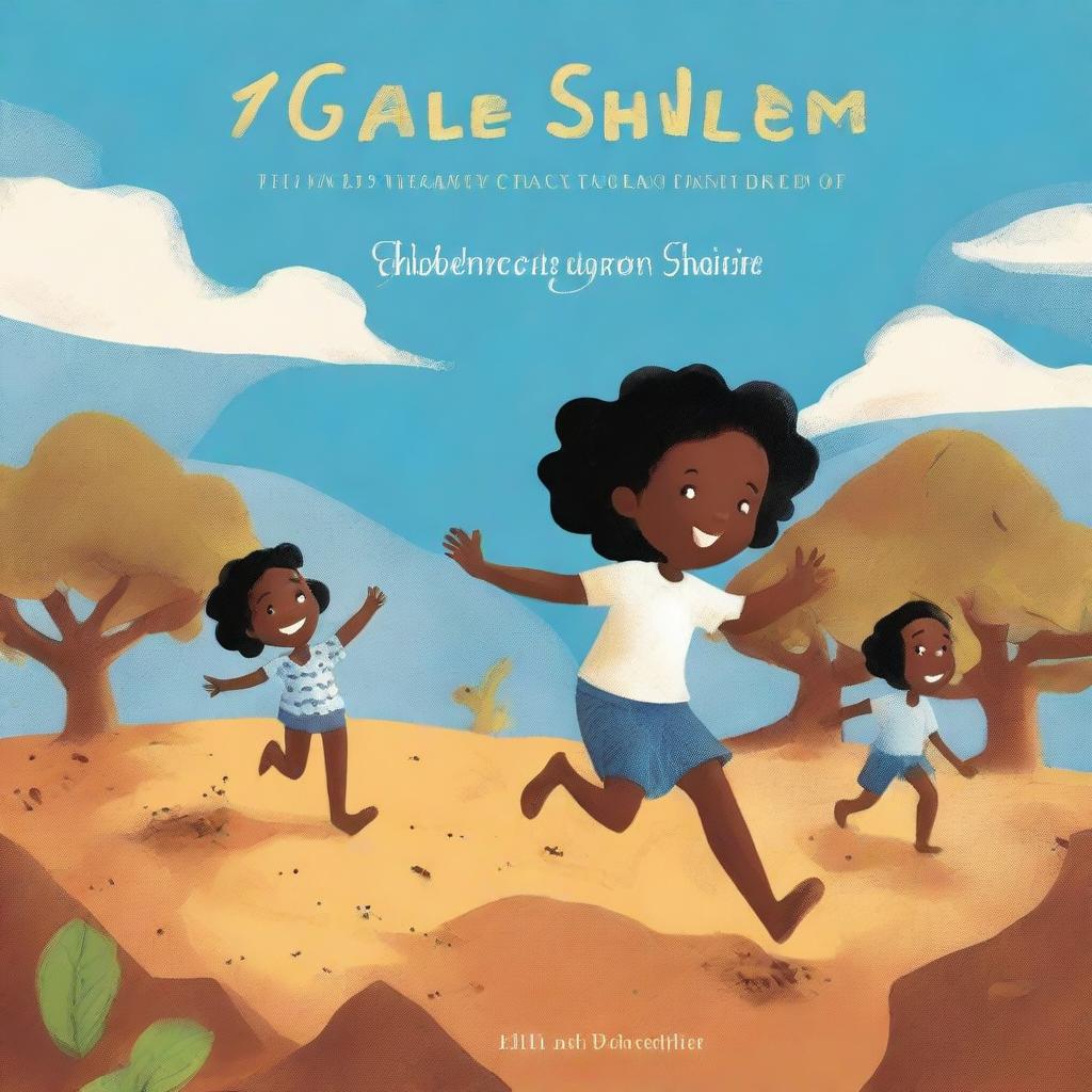 A children's book cover illustration featuring Cape Verdean Black children playing one by one on rough earth under a blue sky