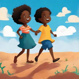 A children's book cover illustration featuring Cape Verdean Black children playing one by one on rough earth under a blue sky