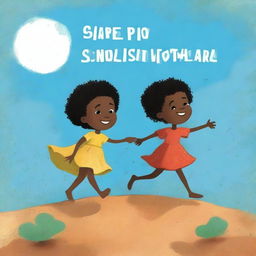 A children's book cover illustration featuring Cape Verdean Black children playing one by one on rough earth under a blue sky