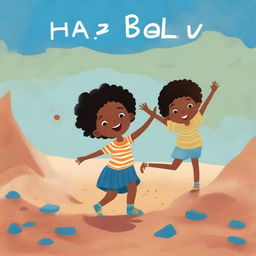 A children's book cover illustration featuring Cape Verdean Black children playing one by one on rough earth under a blue sky