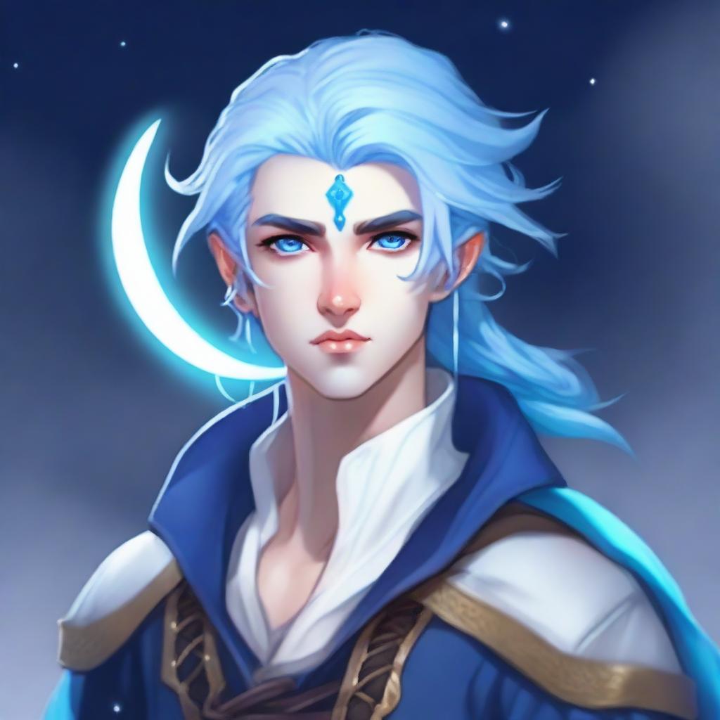 A young male moon godlike aasimar with a blue face, white eyes, and blue hair tied in a short ponytail