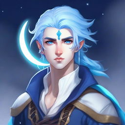 A young male moon godlike aasimar with a blue face, white eyes, and blue hair tied in a short ponytail