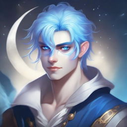 A young male moon godlike aasimar with a blue face, white eyes, and blue hair tied in a short ponytail