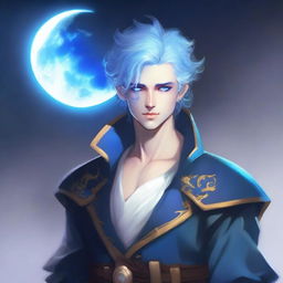 A young male moon godlike aasimar with a blue face, white eyes, and blue hair tied in a short ponytail