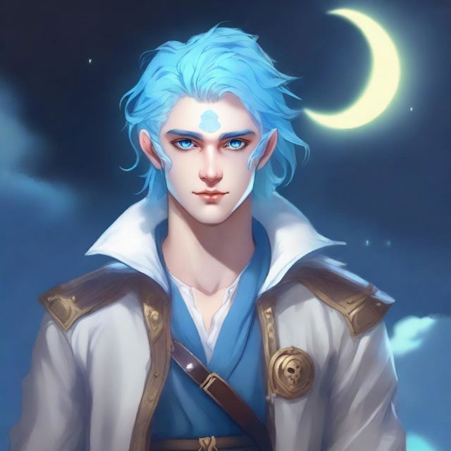 A young male moon godlike aasimar with a blue face, white eyes, and blue hair tied in a short ponytail