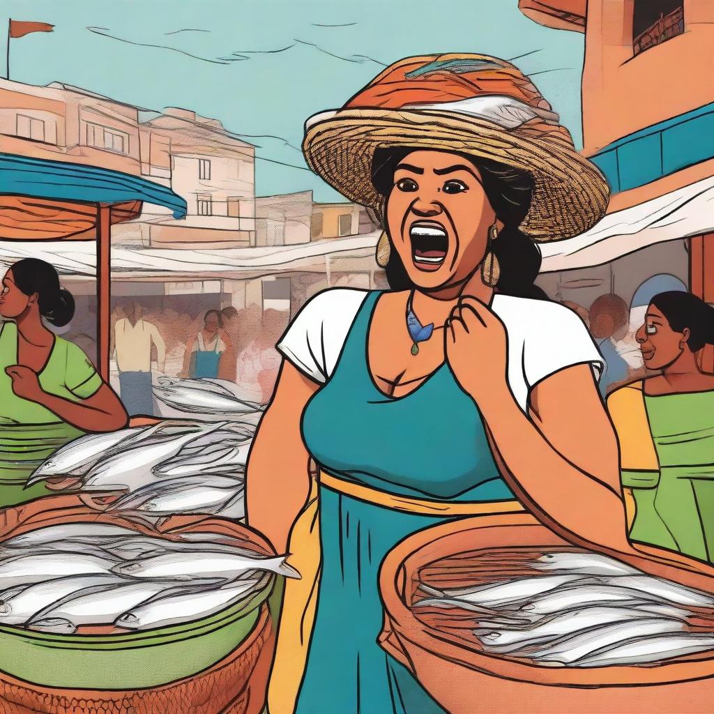 An illustration of a woman selling fish, carrying a basket of fish on her head and shouting: 'Peixe fresco' (fresh fish)