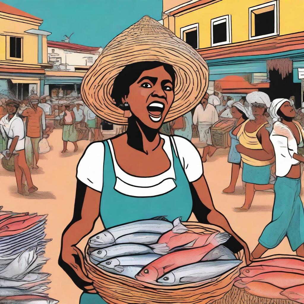 An illustration of a woman selling fish, carrying a basket of fish on her head and shouting: 'Peixe fresco' (fresh fish)