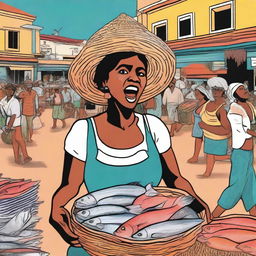 An illustration of a woman selling fish, carrying a basket of fish on her head and shouting: 'Peixe fresco' (fresh fish)