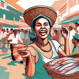 An illustration of a woman selling fish, carrying a basket of fish on her head and shouting: 'Peixe fresco' (fresh fish)