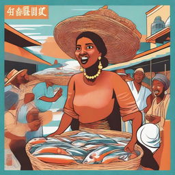 An illustration of a woman selling fish, carrying a basket of fish on her head and shouting: 'Peixe fresco' (fresh fish)