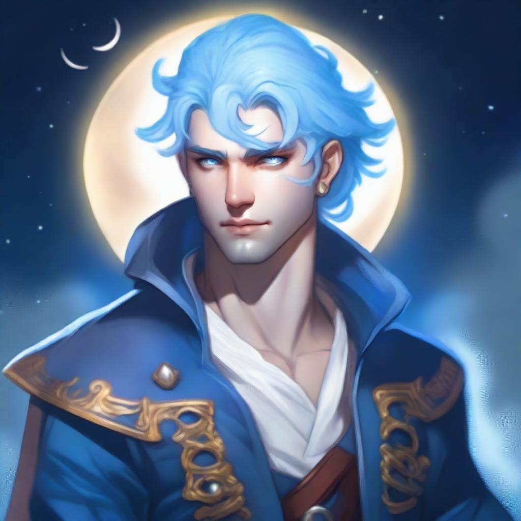 A male moon god-like aasimar with blue skin, white eyes, and blue hair in a short ponytail