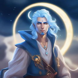 A male moon god-like aasimar with blue skin, white eyes, and blue hair in a short ponytail