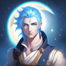 A male moon god-like aasimar with blue skin, white eyes, and blue hair in a short ponytail