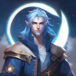 A male moon god-like aasimar with blue skin, white eyes, and blue hair in a short ponytail