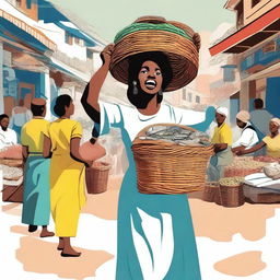 An illustration of a woman in the distance selling fish, carrying a basket of fish on her head and shouting: 'Peixe fresco' (fresh fish)