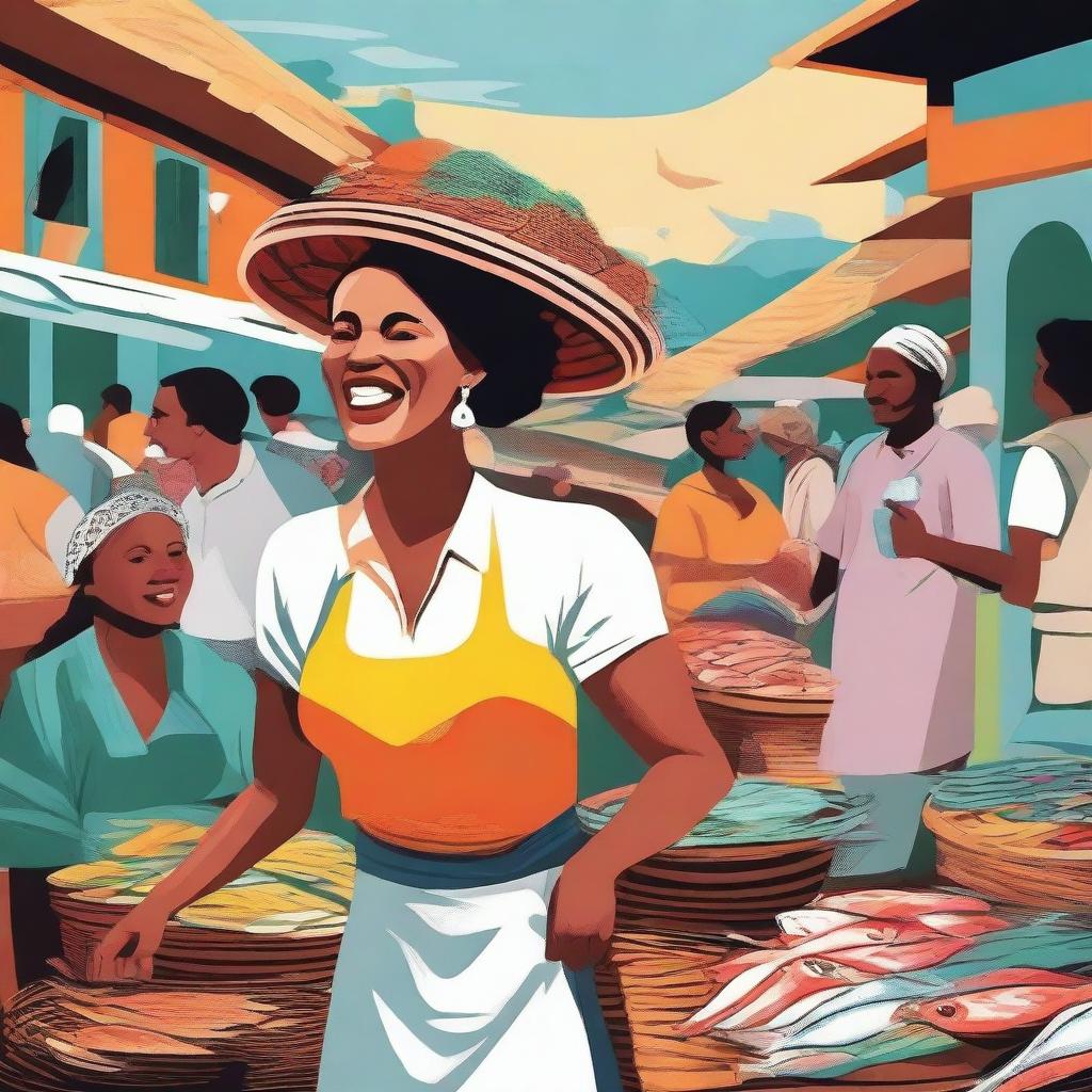 An illustration of a woman in the distance selling fish, carrying a basket of fish on her head and shouting: 'Peixe fresco' (fresh fish)