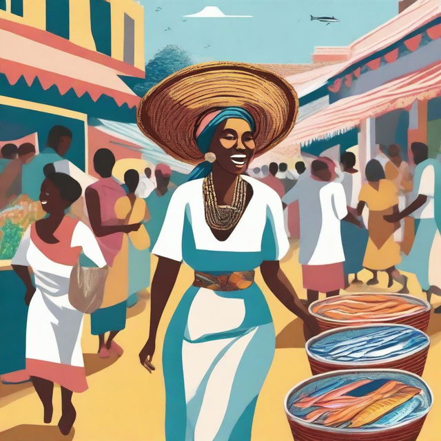 An illustration of a woman in the distance walking and selling fish, carrying a basket of fish on her head and shouting: 'Peixe fresco' (fresh fish)