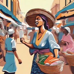 An illustration of a woman in the distance walking and selling fish, carrying a basket of fish on her head and shouting: 'Peixe fresco' (fresh fish)