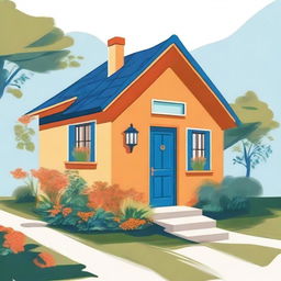 An illustration of a small house painted in orange and blue