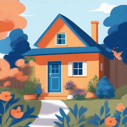 An illustration of a small house painted in orange and blue