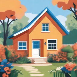 An illustration of a small house painted in orange and blue