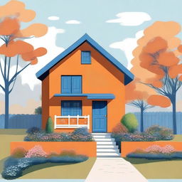 An illustration of a small house painted in orange and blue