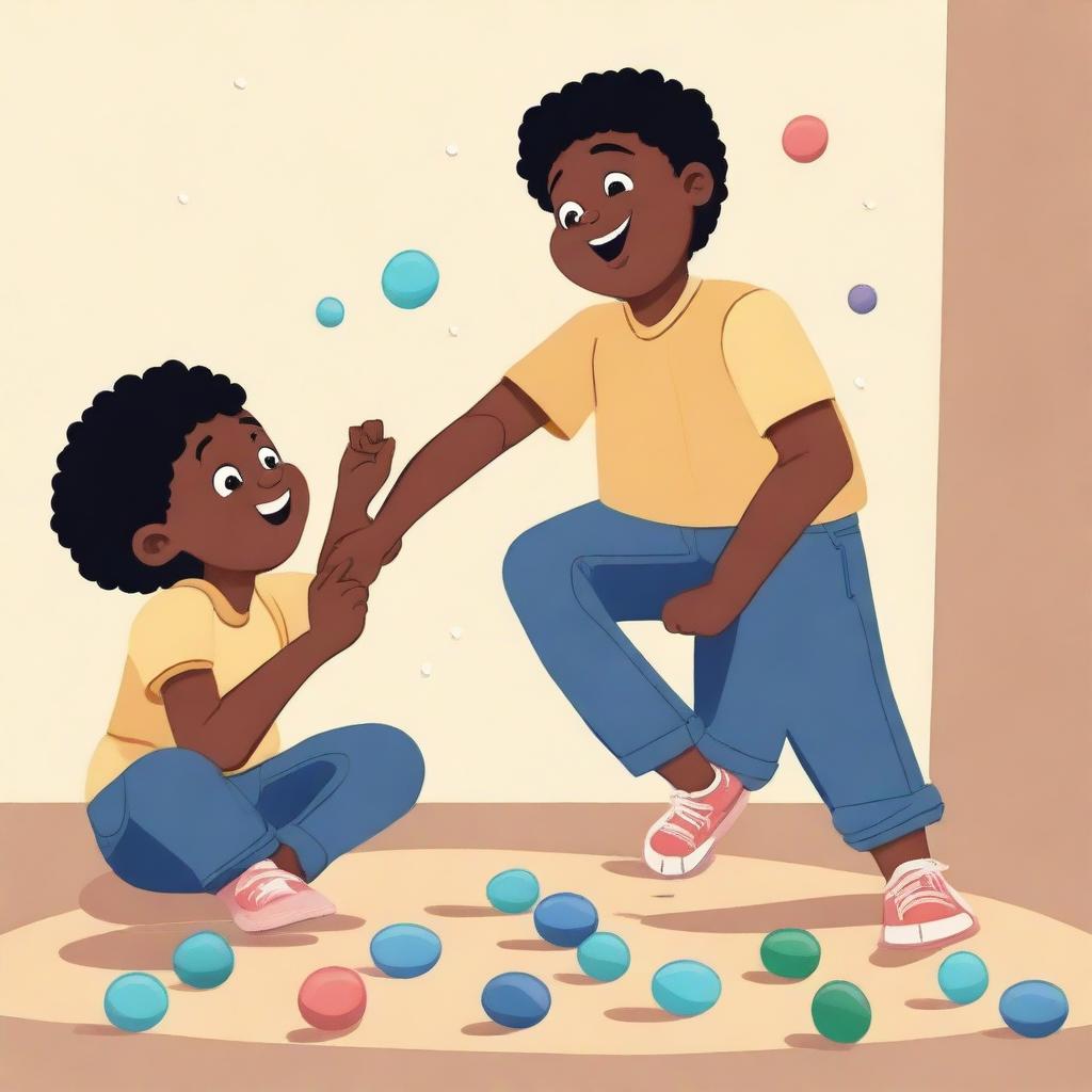 An illustration of Black boys playing with marbles in a childlike style