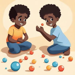 An illustration of Black boys playing with marbles in a childlike style