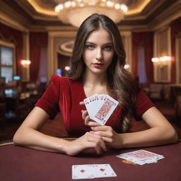 The girl, upgraded with a deck of casino playing cards in both hands, ready to challenge her fate, the dazzling casino house casting a thrilling atmosphere in the background.