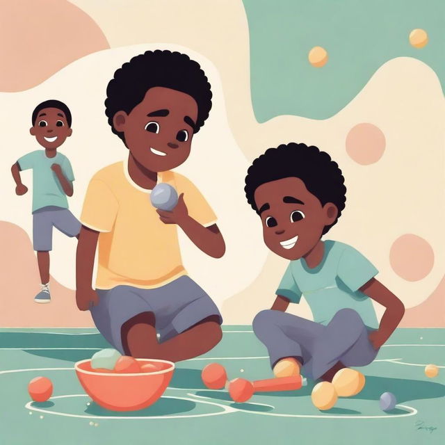 An illustration of Black boys playing with marbles in a childlike style