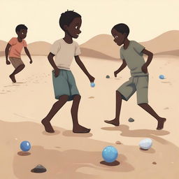 An illustration of Black boys playing with marbles on rough, bare earth