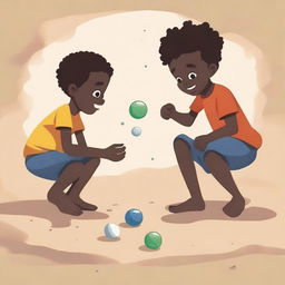 An illustration of Black boys playing with marbles on rough, bare earth