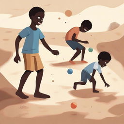 An illustration of Black boys playing with marbles on rough, bare earth