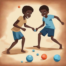 An illustration of Black boys playing with marbles on rough, bare earth