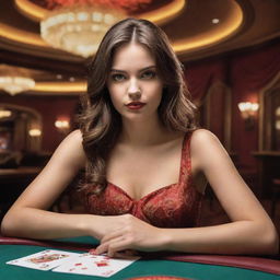 The girl, upgraded with a deck of casino playing cards in both hands, ready to challenge her fate, the dazzling casino house casting a thrilling atmosphere in the background.