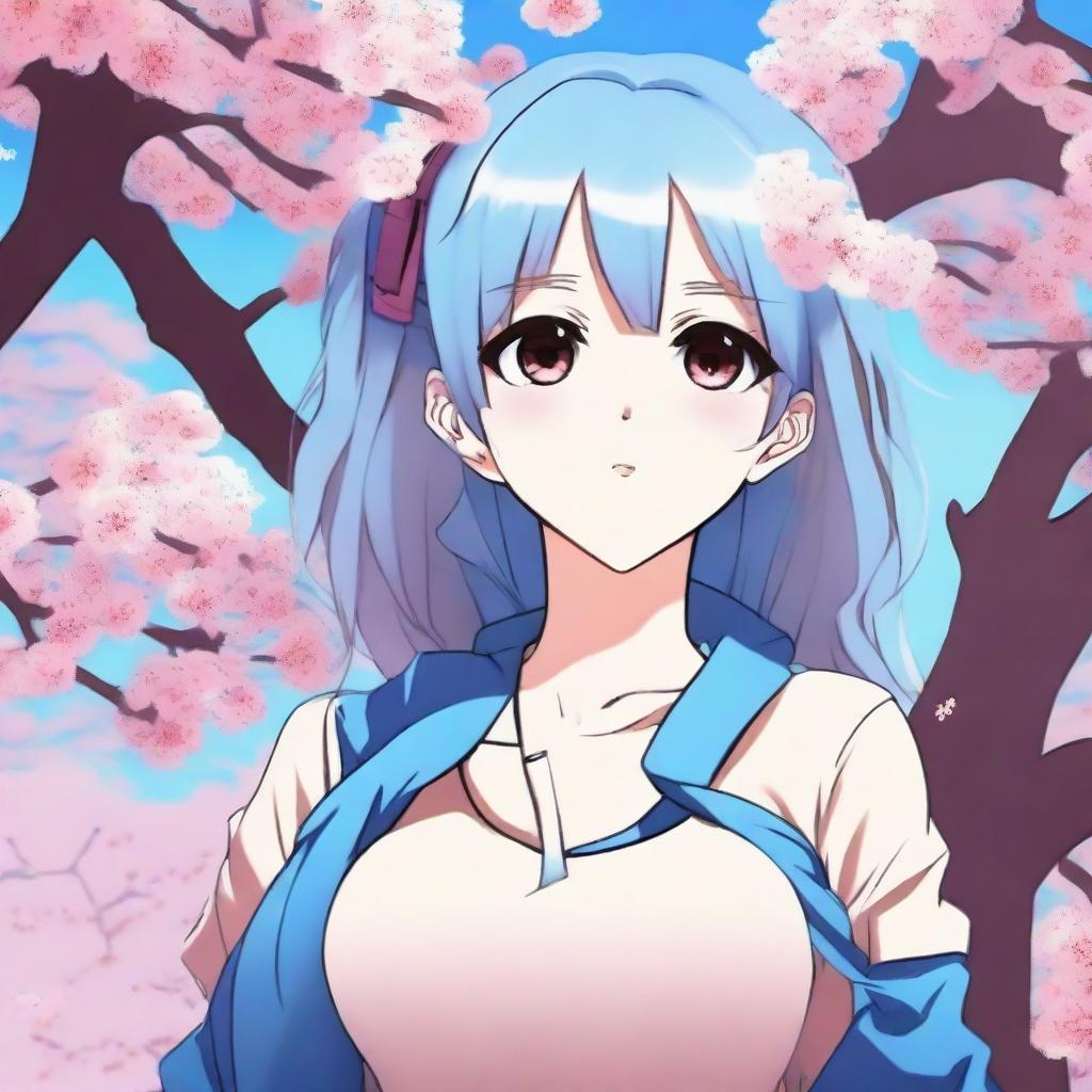 An anime girl with brown eyes and blue hair, featuring a detailed and vibrant art style