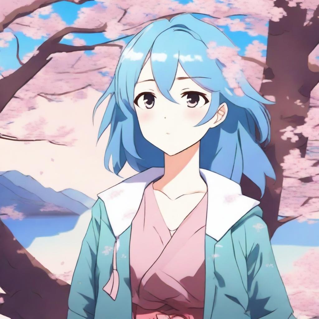 An anime girl with brown eyes and blue hair, featuring a detailed and vibrant art style