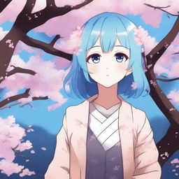 An anime girl with brown eyes and blue hair, featuring a detailed and vibrant art style