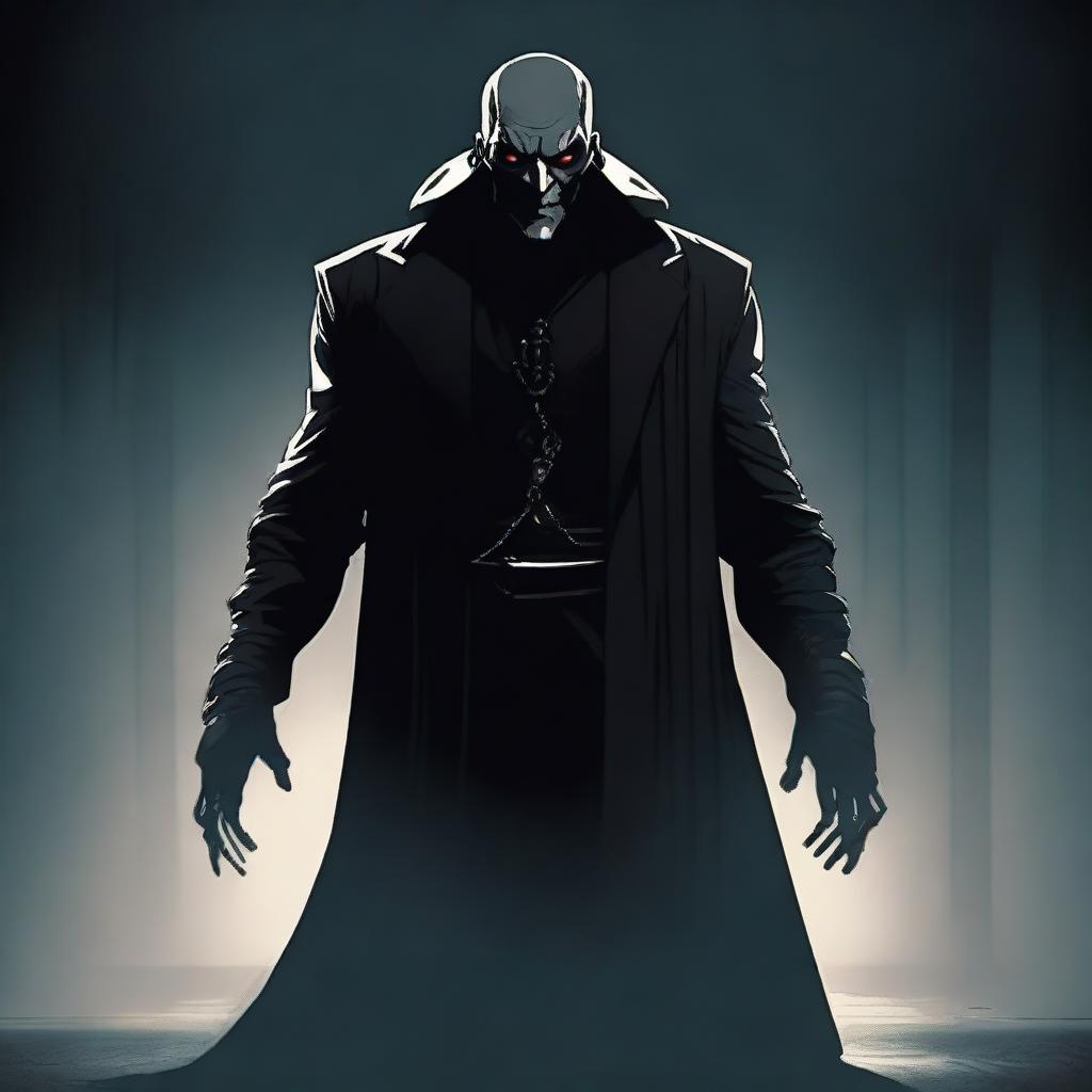 A menacing villain character standing in a dark, eerie setting