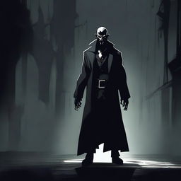 A menacing villain character standing in a dark, eerie setting