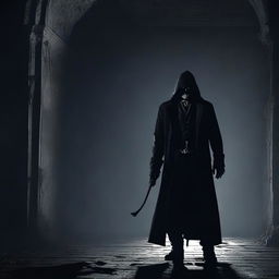 A menacing villain character standing in a dark, eerie setting